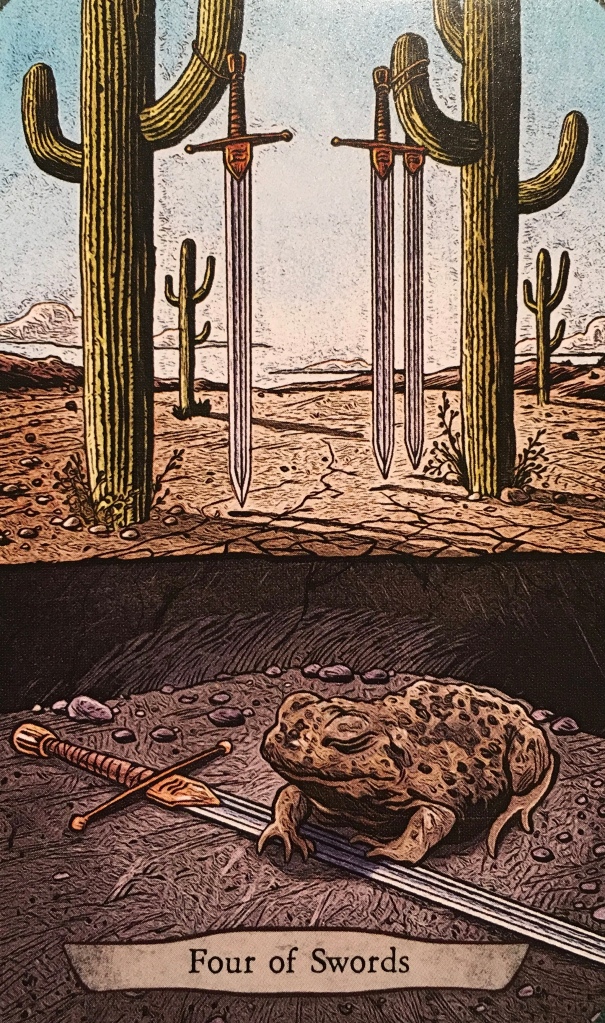 Four Of Swords ~ Zombie Toad, from the Animal Totem Tarot Card deck, by Leeza Robertson, Artwork by Eugene Smith 